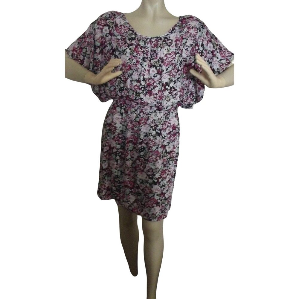 Karin Stevens Dress Womens Sz 8 Pink Black Floral flutter short sleeves purple